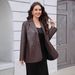 Women Brown Faux Leather Blazer Jacket Lapel Collar Single Breasted Loose Long Sleeve Oversized Moto Coat With Pockets_ecoleips.com