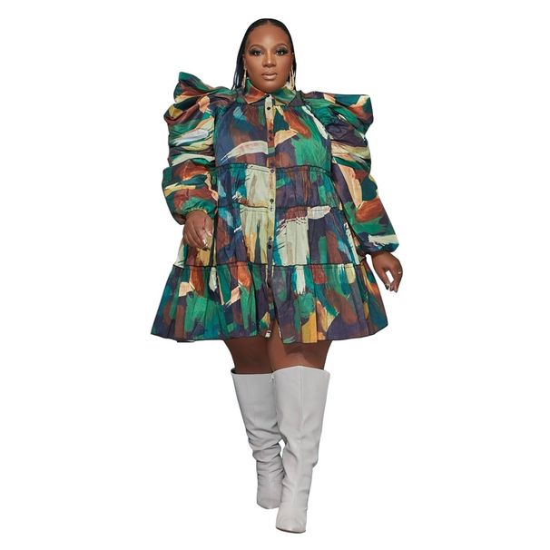 Plus Size Women's Clothing Ruffle Button Dress Shirt Casual Summer Daily Wear Fashion American Style Printed Thin Clothing_ecoleips.com