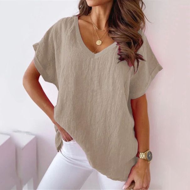Women's V Neck Short Sleeve T-Shirt Solid Color Cotton Linen Blend Spring Summer Casual Wear Bat Style_ecoleips.com