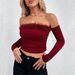 Voya Women's Sexy Christmas Wine Red T-shirt For Spring And Summer 2026 New Style One Shoulder Fur Collar Top_ecoleips.com