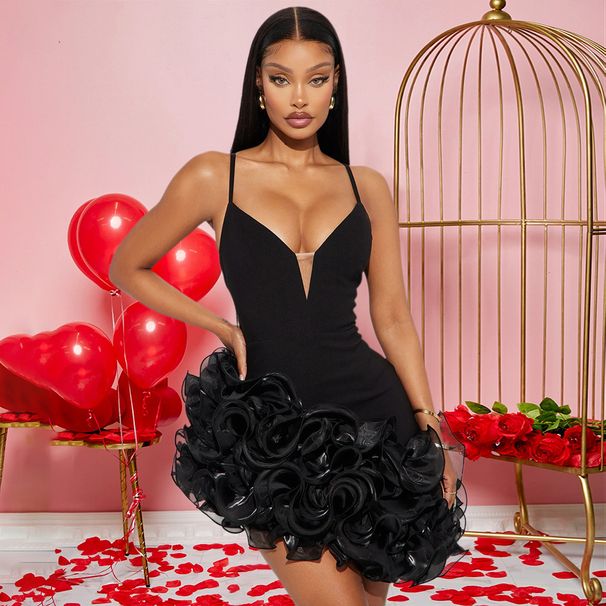 Women's Clothing New Fashion Sexy Sling Solid Color Lotus Leaf Lace Irregular Dress Short Skirt_ecoleips.com