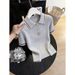Chic Contrast Collar Knit Short Sleeve Top For Petite Women – Slimming, Versatile & Stylish With Colorful Buttons_ecoleips.com