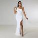 Women's Clothing fashionable and sexy oblique shoulder waist high slit leaking backpack hip hot diamond party dress_ecoleips.com