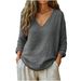 Women's Casual Loose Long Sleeve V Neck Top Spring Summer New Fashion Cotton Linen Blend Clothing for Europe And America_ecoleips.com