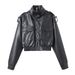 Women's Faux Leather Crop Jacket, Stand Collar Long Sleeve Moto Biker Coat With Pockets, Elastic Hem Casual Streetwear For Daily Commute, Trendy Cropp_ecoleips.com