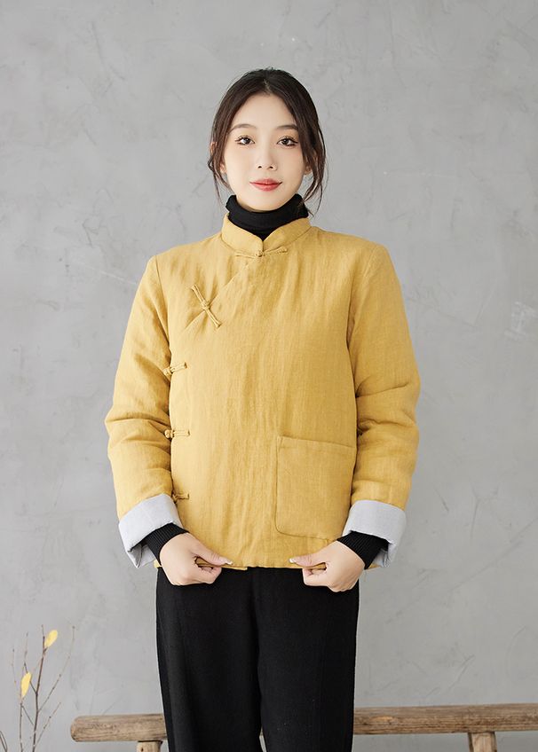 girl Chinese Style Retro Linen Padded Thickened Warm Cotton Jacket Coat For Women Petite Versatile_ecoleips.com