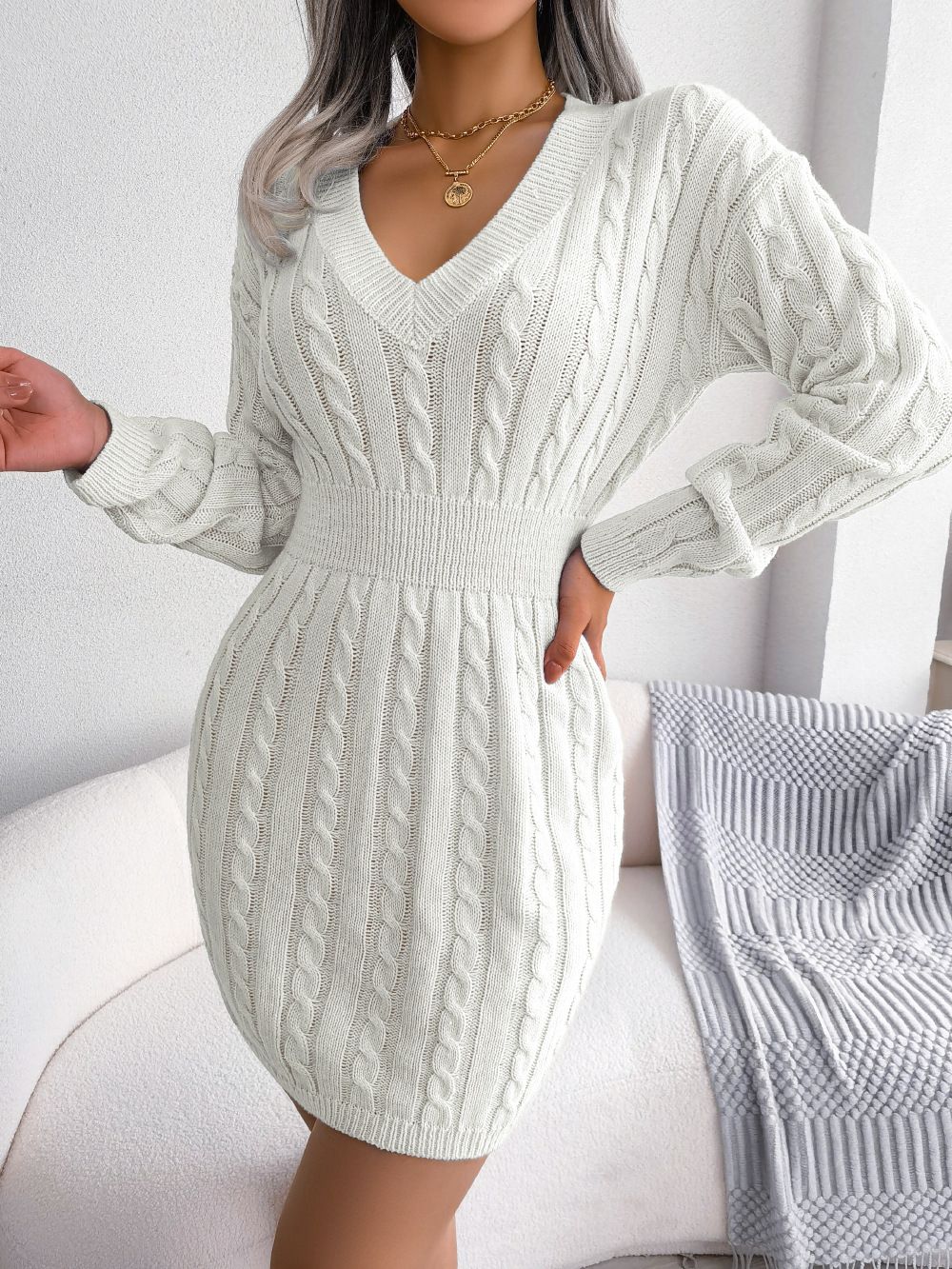 Ins Style Real Shot Autumn Winter European American Waist-Cinching Twist Hip Sweater Dress Women's_ecoleips.com