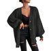Vintage Cable-Knit Cardigan – Oversized V-Neck Sweater With Puff Sleeves For Women (Dark Brown/Cream/Black, S-XL)_ecoleips.com