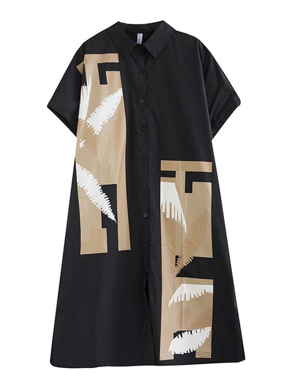 Black Vintage Print Shirt Dresses For Women New Short Sleeve Loose Casual Long Dress Robe Fashion Elegant Clothing Summer 2026_ecoleips.com