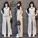 Women's Summer Fashion High Waisted Wide Leg Pants Set Color Block Heart Print Short Sleeve Top And Pants Two Piece Outfit_ecoleips.com