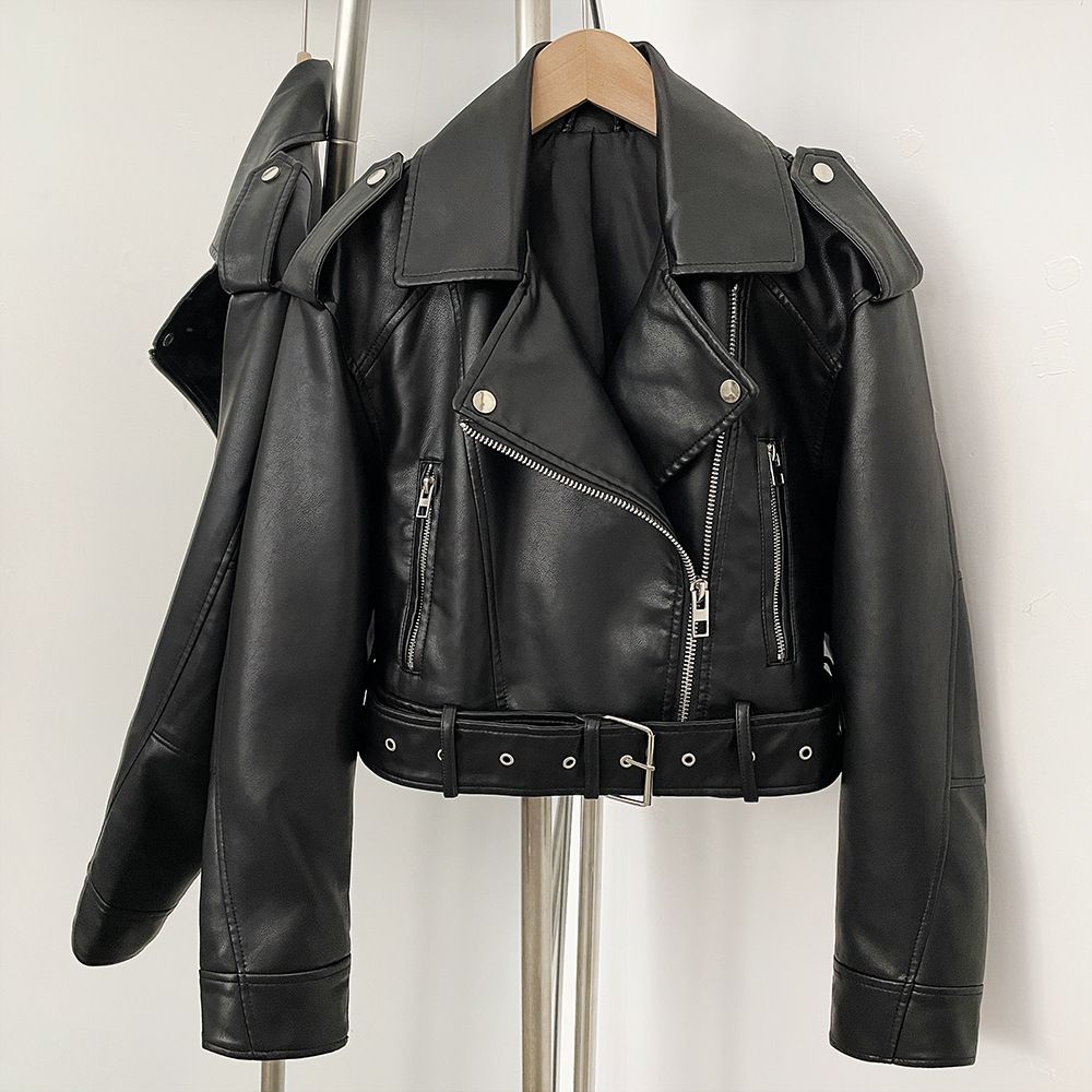 "Women's PU Faux Leather Belted Jacket – Chic Cropped Biker Style For Everyday Edge"_ecoleips.com