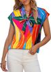 2025 Women's Summer Printed Casual Shirt Top With Bowknot V-Neck Short Sleeve_ecoleips.com