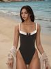 European And American Patchwork Fashion Conservative Belly Conceal One-Piece Swimsuit, Stylish And Comfortable Beachwear_ecoleips.com