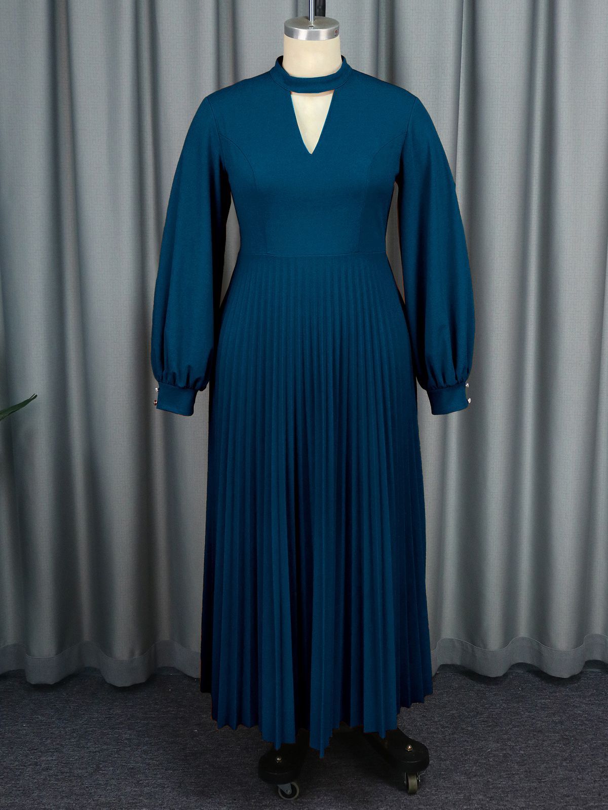 Women's Clothing High Grade Hollow Small Stand Up Collar Banquet Dress Autumn Lantern Sleeve Pleated Skirt Dress_ecoleips.com