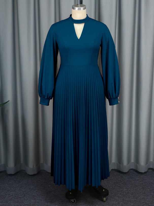 Women's Clothing High Grade Hollow Small Stand Up Collar Banquet Dress Autumn Lantern Sleeve Pleated Skirt Dress_ecoleips.com