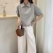 Women's Short Sleeve Top With Peter Pan Collar Color Block Half Zip Cropped Fit Fashion Tee_ecoleips.com