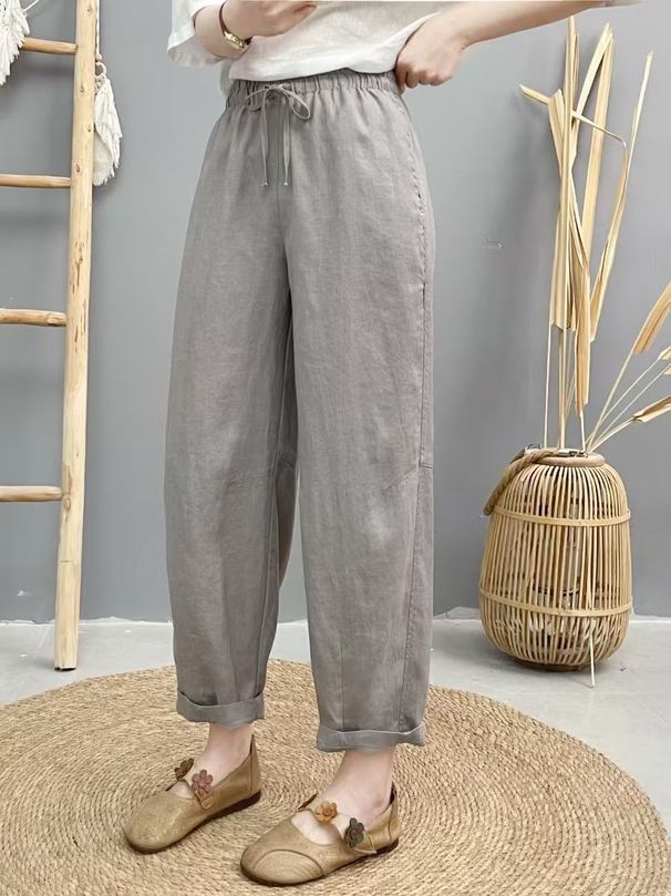 Suitable For All Seasons Pure Linen Casual 2025 Summer New Literary Elastic Waist Pocket Drawstring Balloon Pants For Women 2539_ecoleips.com