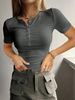 Women's Clothing Short Sleeved Button Ribbed Slim Knitted T-Shirt_ecoleips.com