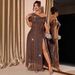 Sparkling Off-Shoulder High-Slit Maxi Dress For Women | Plus Size Evening Gala Cocktail Party Gown With Sequins_ecoleips.com