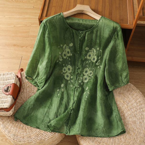 Women's Heavy Duty Round Neck Cardigan Top Embroidered Cotton Linen Loose Fit Short Sleeve Floral T-Shirt New Summer 2026_ecoleips.com