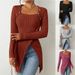 European And American Cross-border Women's Clothing 2025 Solid Color Long-sleeve Knitted Square-neck Irregular T-shirt_ecoleips.com