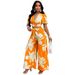 Women's Clothing Fashion Printed Pleated Butterfly Sleeves V Neck Top Lace Up Waist Wide Leg Trousers Suit_ecoleips.com