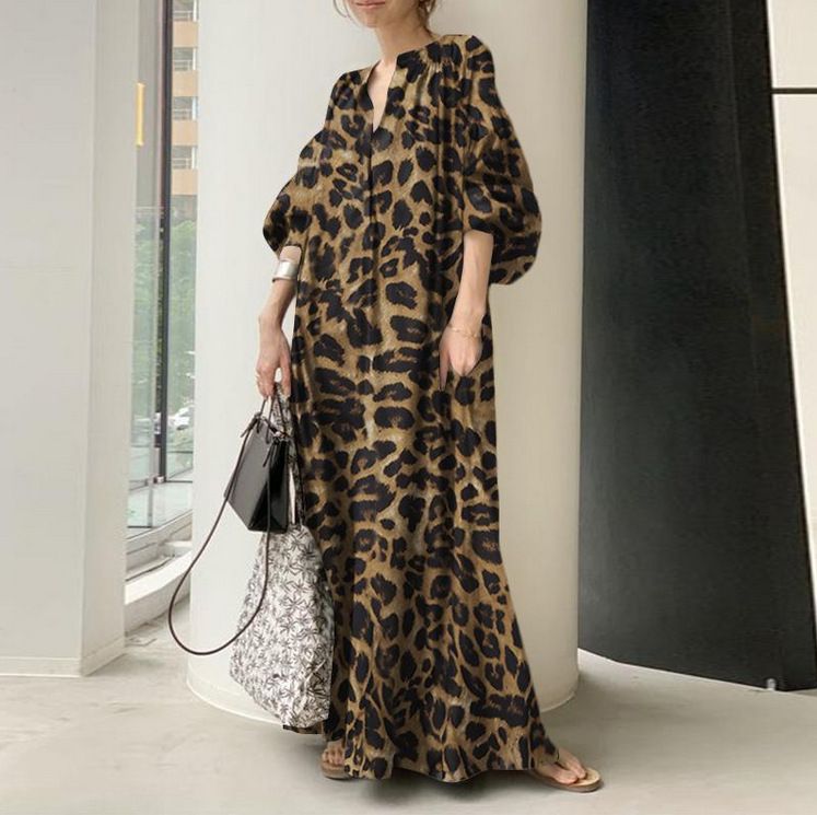 Bohemian Leopard Print Shirt Dress – Oversized Batwing Sleeves & High Neckline, Flowy Maxi Dress For Women (Yellow/Black/3rd Color, S-4xl)_ecoleips.com