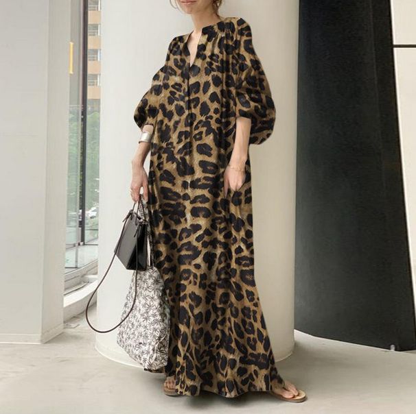 Bohemian Leopard Print Shirt Dress – Oversized Batwing Sleeves & High Neckline, Flowy Maxi Dress For Women (Yellow/Black/3rd Color, S-4xl)_ecoleips.com