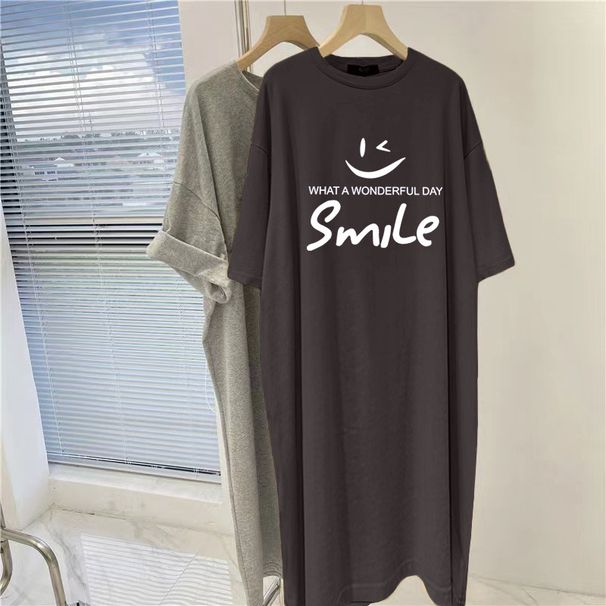 Summer Fashion Trendy Smiley Letter Print Short Sleeve Large Size Women's Loose Long Dress Dress Top_ecoleips.com