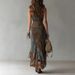 New Women's Retro Patchwork Print Asymmetrical Long Dress Style Slim Fit High Slit Fashion_ecoleips.com