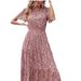 Women's Short Sleeve Round Neck Ruched Elastic Waist Layered Long Skirt Summer Bohemian Floral Flared Sundress_ecoleips.com