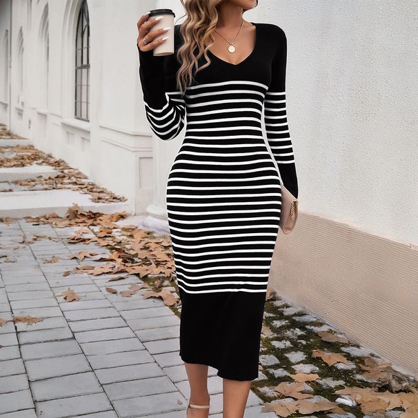 Diyun European And American Women's Clothing 2025 Autumn Winter Slim Sexy Deep V Color-Block Striped_ecoleips.com