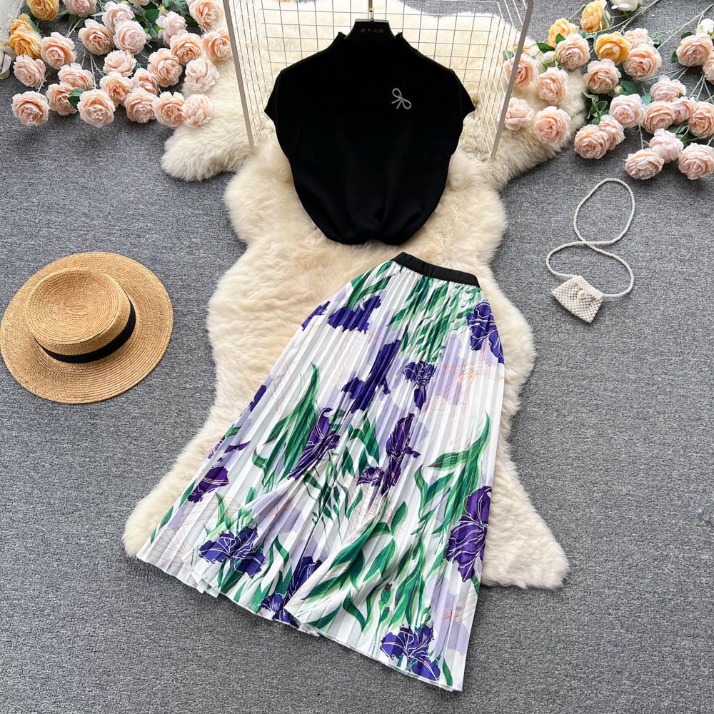Retro Elegant Women's Summer Suit Sleeveless Shirt Top & Pleated Long Skirt Two-Piece Set High-End Design Niche Fashion_ecoleips.com
