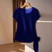 Women's Lightweight Satin Weave Short Sleeve Top With Ruffle Tie Detail, Breathable Round Neck T-Shirt_ecoleips.com