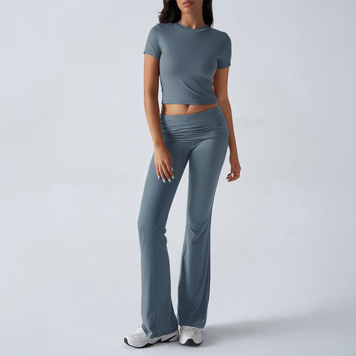 European American Women's Casual Solid Color Slim Fit High Waist Trouser Suit Spring Summer Short Sleeve Clothing Set_ecoleips.com