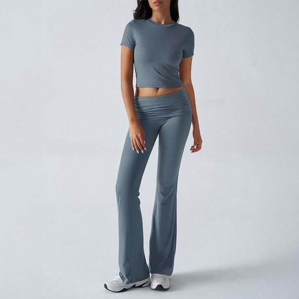 European American Women's Casual Solid Color Slim Fit High Waist Trouser Suit Spring Summer Short Sleeve Clothing Set_ecoleips.com