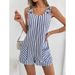 Women's Sleeveless Stripe Jumpsuit Shorts, Summer Casual Denim Look Romper With Adjustable Straps_ecoleips.com