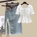 Women's Clothing Suit For Women New French Sweet Chiffon Shirt Denim Skirt Two Piece Suit_ecoleips.com