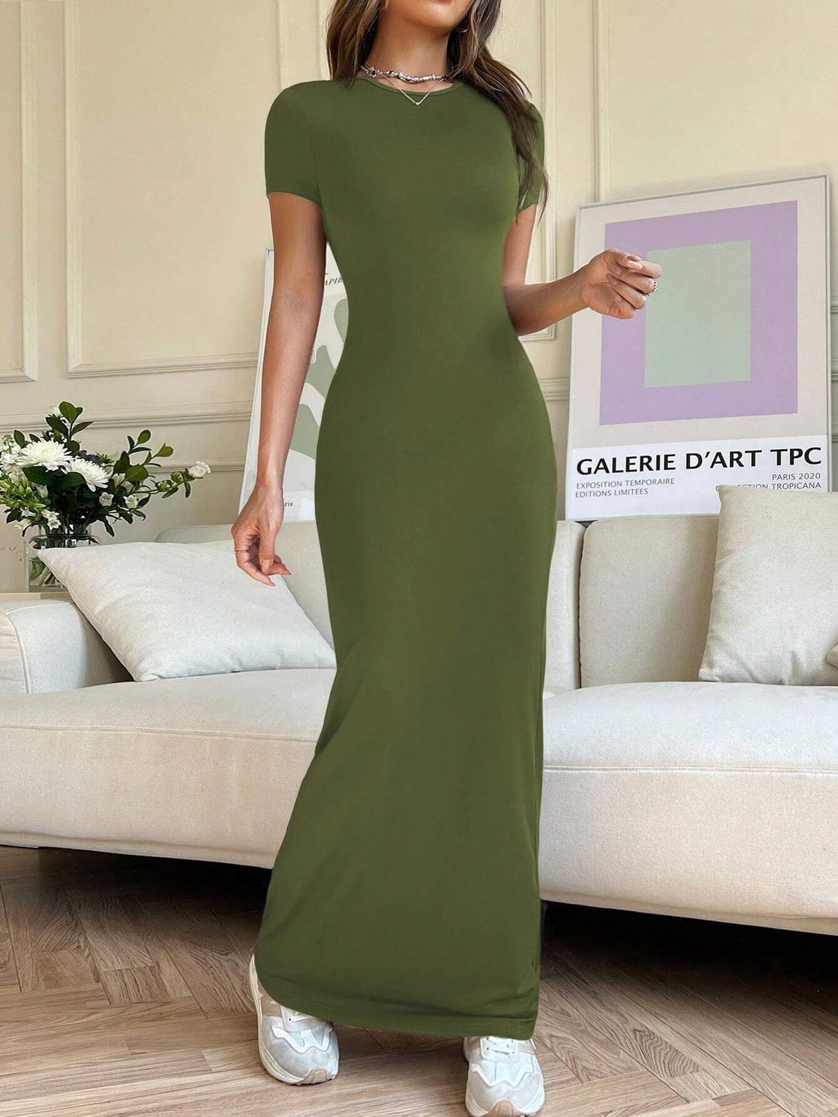 Women's Clothing Spring And Summer Solid Color Temperament Slim Short Sleeved Dress_ecoleips.com
