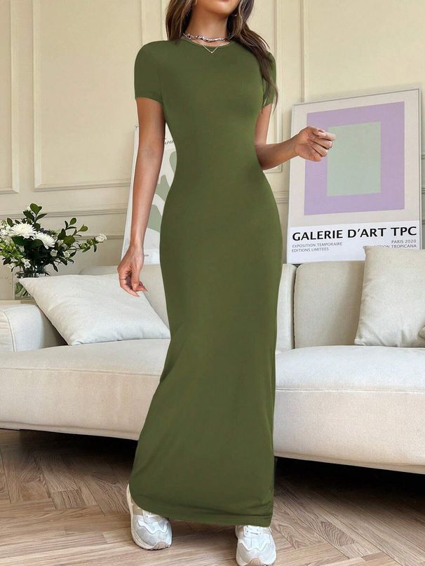 Women's Clothing Spring And Summer Solid Color Temperament Slim Short Sleeved Dress_ecoleips.com