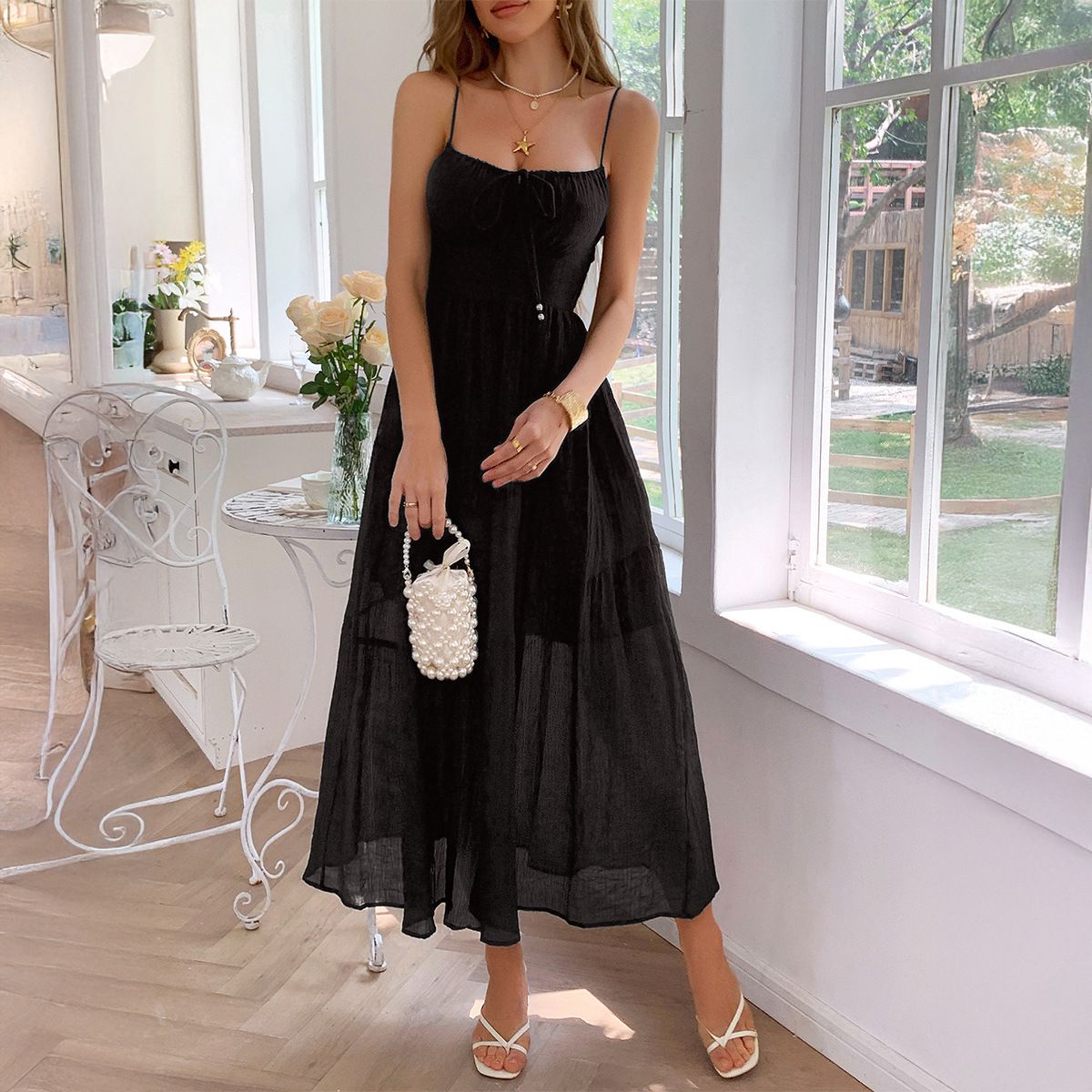 Diyun European And American Casual Vacation Strap Waist Cinching Long Dress Women's Clothing 2025 Summer_ecoleips.com