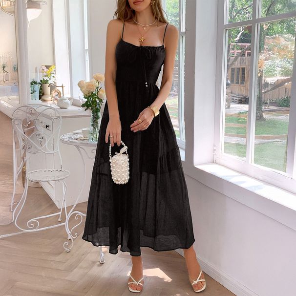 Diyun European And American Casual Vacation Strap Waist Cinching Long Dress Women's Clothing 2025 Summer_ecoleips.com