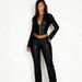 Leather Deep V Neck Cropped Jacket + Straight Leg Pants Two Piece Set, Sexy Tight Fitting Crop Top Outfit, Nightclub Sexy European And American Style._ecoleips.com