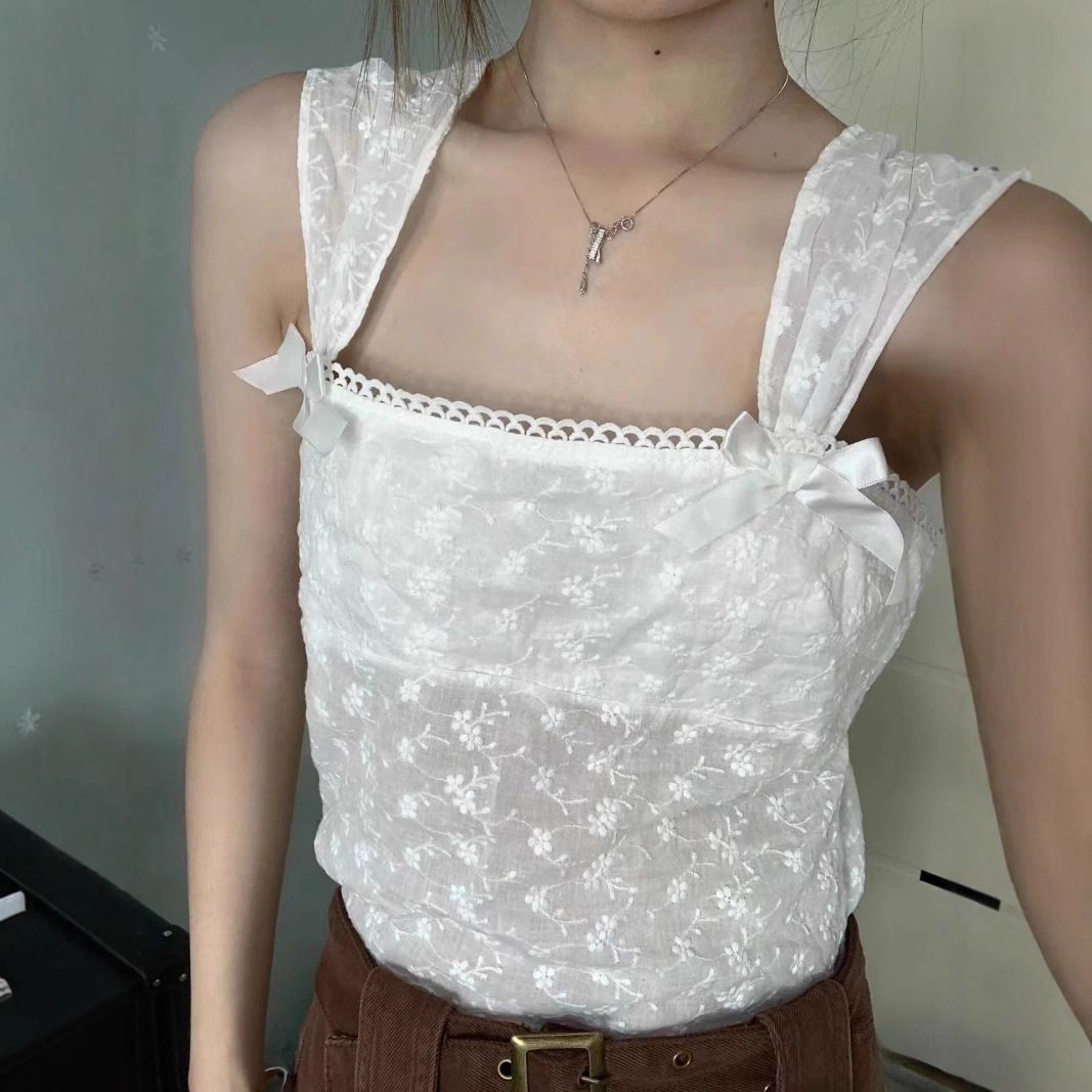 Youthful Sweet Gentle Jacquard Inner Top Bow Tie Fitted Camisole Side Zipper Women's Clothing Tops_ecoleips.com