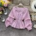 Women's Long Sleeve Fashion Shirt Hong Kong Style Puff Sleeves Slim Waist Ruffled Hem Short Striped Blouse Casual Elegant England Style_ecoleips.com