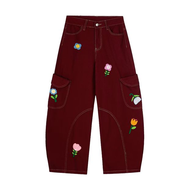 Retro Floral Embroidered Cargo Pants Loose Fit Slimming Wide Leg Denim Trousers For Men And Women Autumn Style Casual Cotton Jeans_ecoleips.com