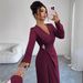 Elegant Women's V-Neck Long Sleeve Midi Dress Slim Fit Solid Color Casual Dress for Women_ecoleips.com