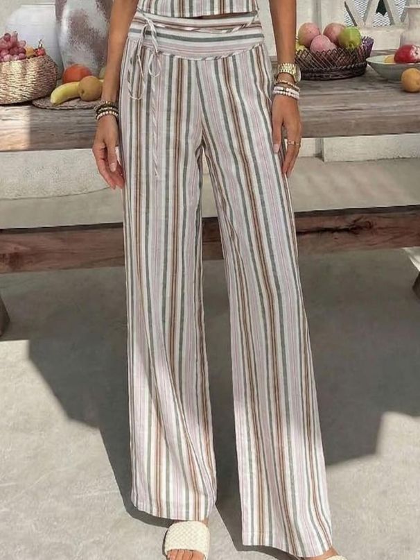 Casual Style Women's Striped Lace-up Wide-leg Pants, Thin And Breathable, Striped Printing, High Waist And Loose, Daily Commuting_ecoleips.com
