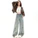 Fleece-Lined American Retro Embroidered Puppy High-Waisted Wide-Leg Jeans Women, New Loose Slimming Straight-Leg Pants_ecoleips.com