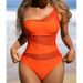 Women's Clothing Sexy Hollow Mesh One Shoulder Slim Swimsuit_ecoleips.com